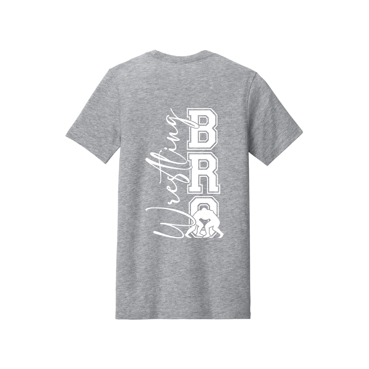 Wrestling Bro Front & Back design on a Heather Athletic Gray adult T-shirt, back view.