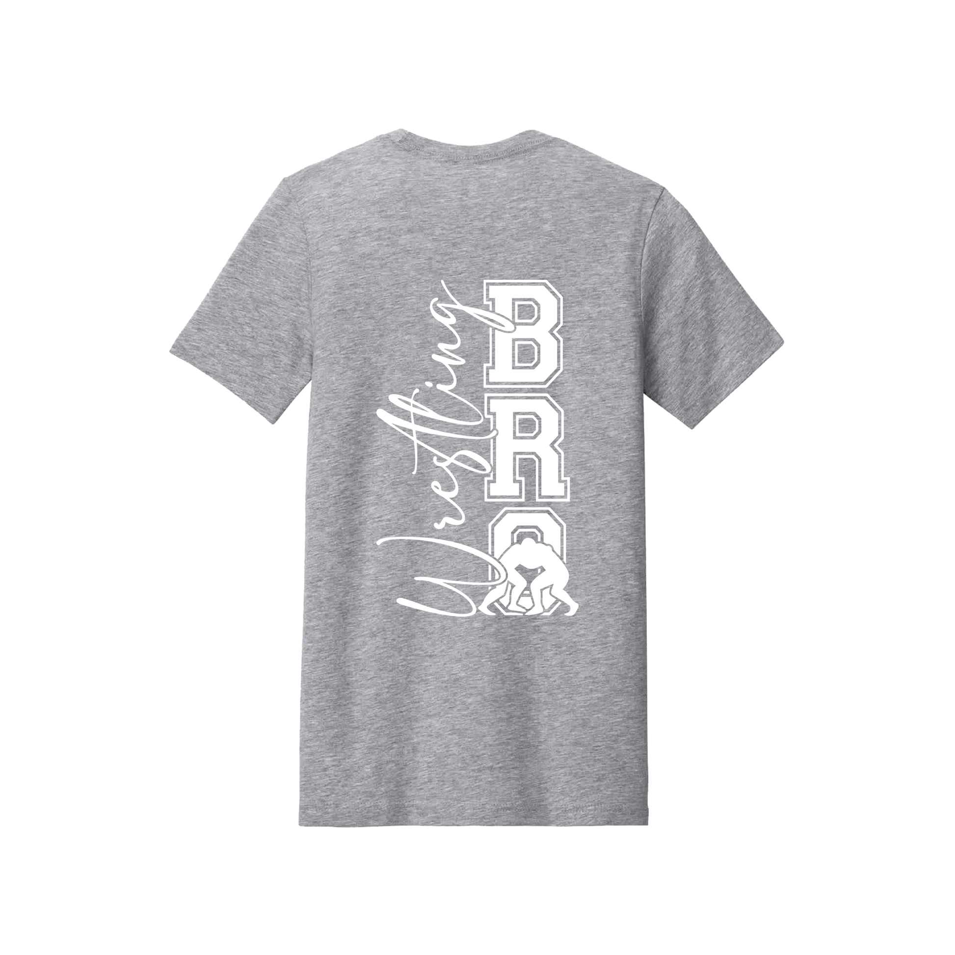 Wrestling Bro Front & Back design on a Heather Athletic Gray adult T-shirt, back view.