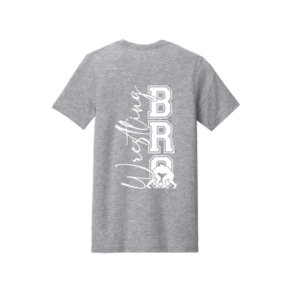 Wrestling Bro Front & Back design on a Heather Athletic Gray adult T-shirt, back view.