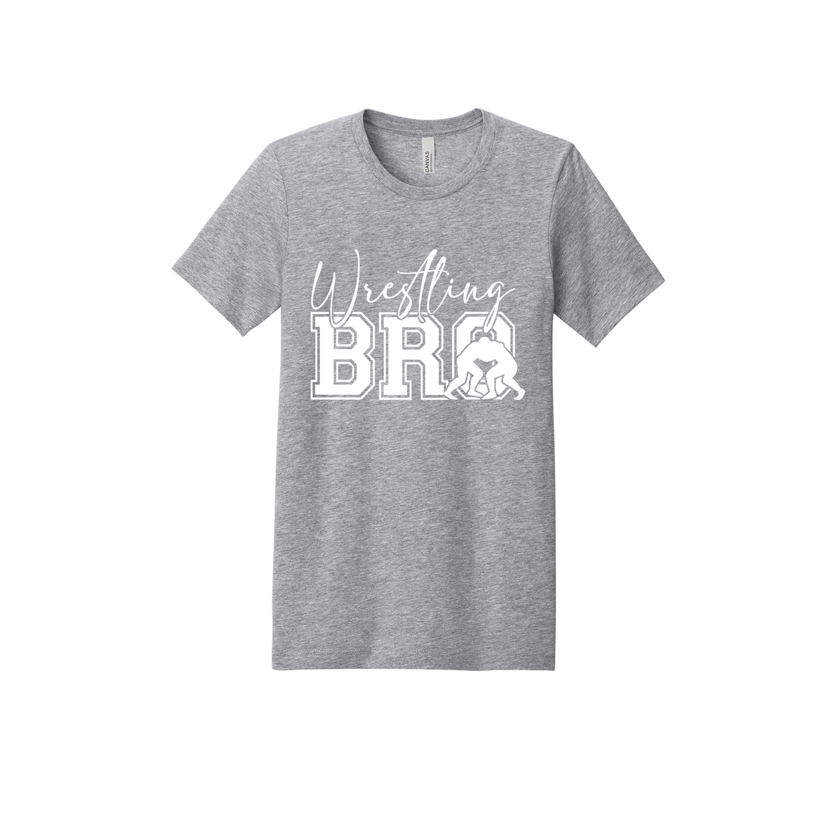 Wrestling Bro Front & Back design on a Heather Athletic Gray adult T-shirt, front view.