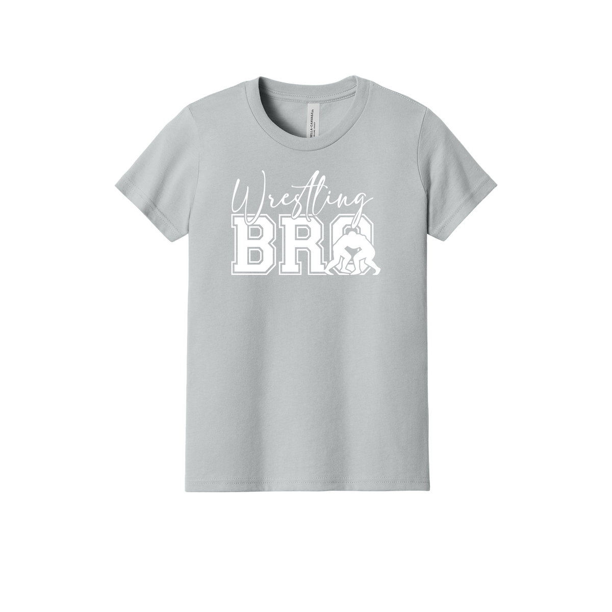 Wrestling Bro Front & Back design on a Heather Athletic Gray youth T-shirt, front view.