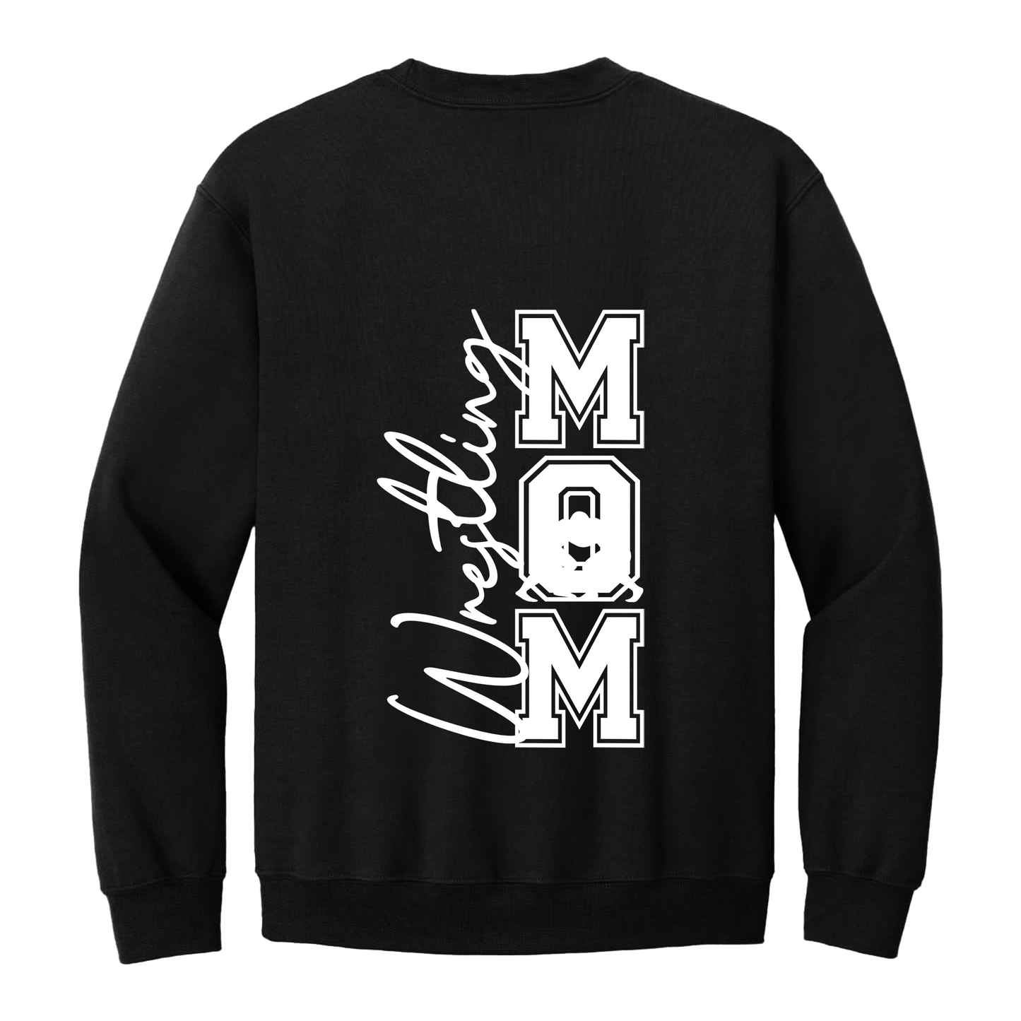 Wrestling Mom Front & Back design on a Black adult crewneck sweatshirt, back view.