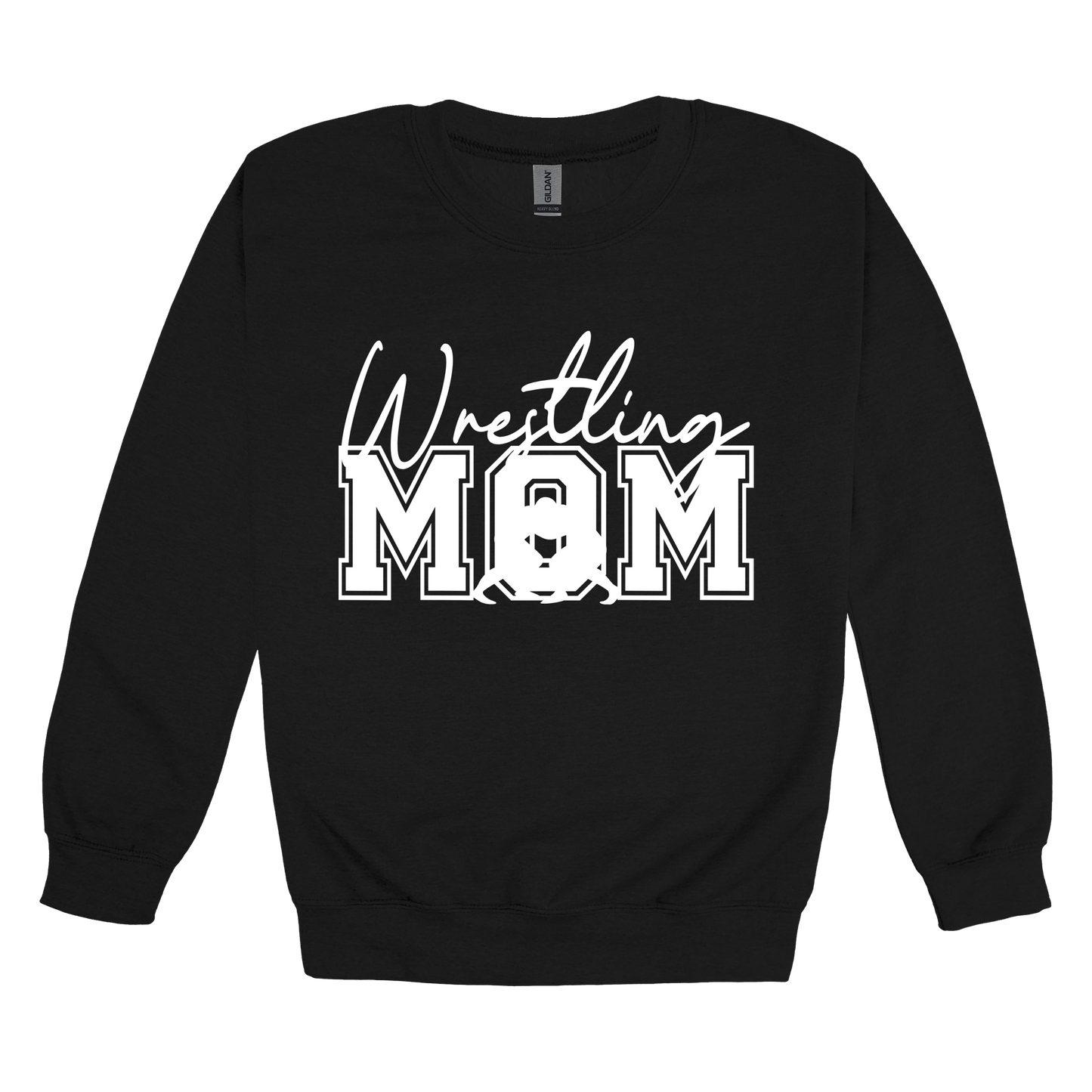 Wrestling Mom Front & Back design on a Black adult crewneck sweatshirt, front view.