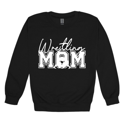 Wrestling Mom Front & Back design on a Black adult crewneck sweatshirt, front view.