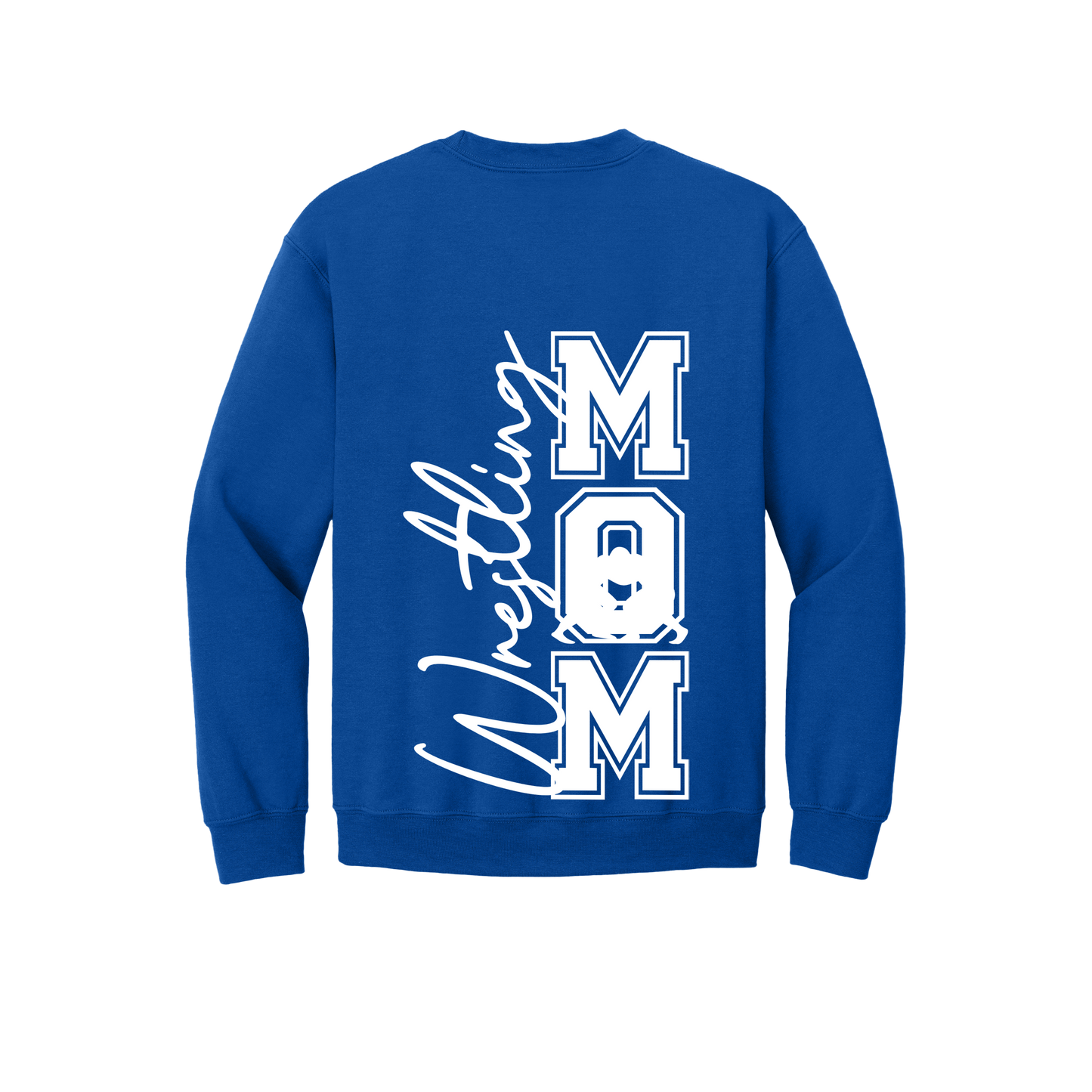 Wrestling Mom Front & Back design on a Royal Blue adult crewneck sweatshirt, back view.