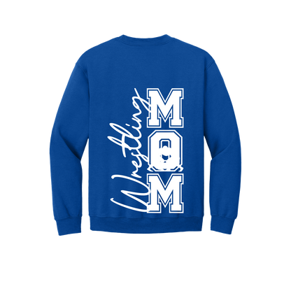 Wrestling Mom Front & Back design on a Royal Blue adult crewneck sweatshirt, back view.