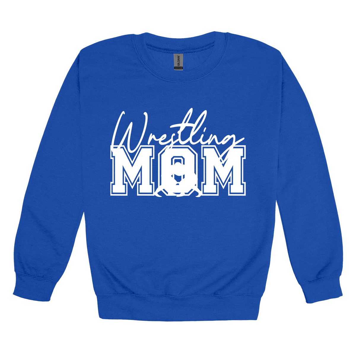 Wrestling Mom Front & Back design on a Royal Blue adult crewneck sweatshirt, front view.