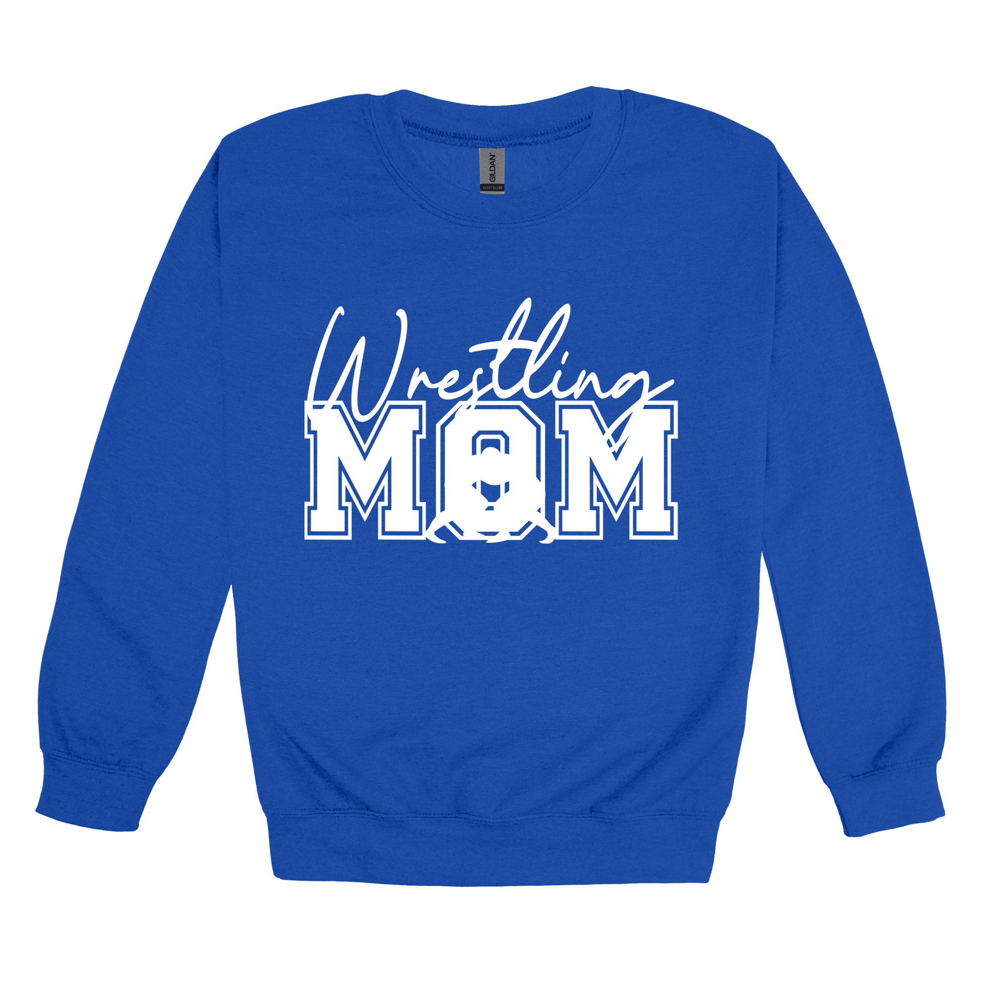Wrestling Mom Front & Back design on a Royal Blue adult crewneck sweatshirt, front view.