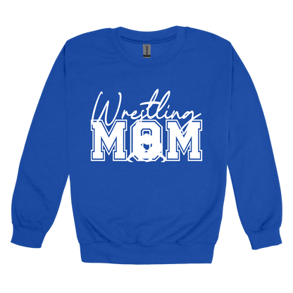 Wrestling Mom Front & Back design on a Royal Blue adult crewneck sweatshirt, front view.