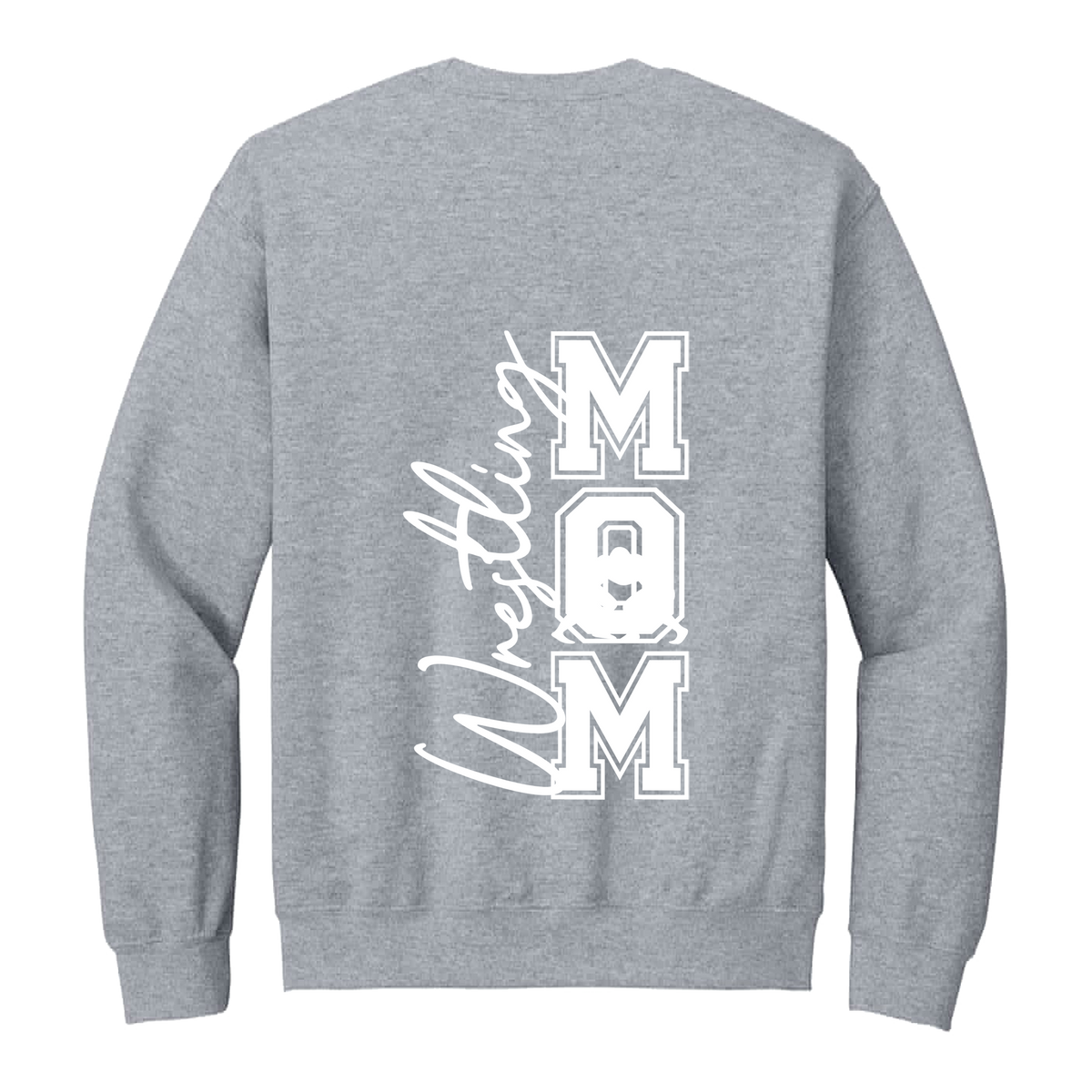 Wrestling Mom Front & Back design on a Sport Gray adult crewneck sweatshirt, back view.