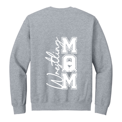 Wrestling Mom Front & Back design on a Sport Gray adult crewneck sweatshirt, back view.