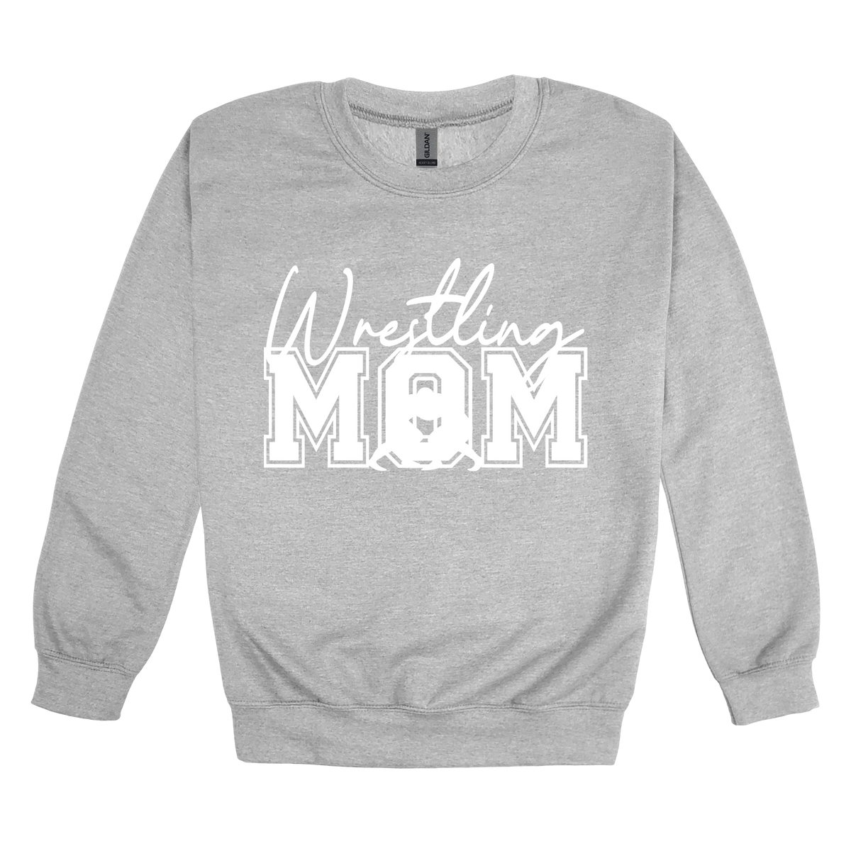 Wrestling Mom Front & Back design on a Sport Gray adult crewneck sweatshirt, front view.