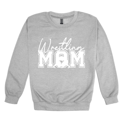 Wrestling Mom Front & Back design on a Sport Gray adult crewneck sweatshirt, front view.