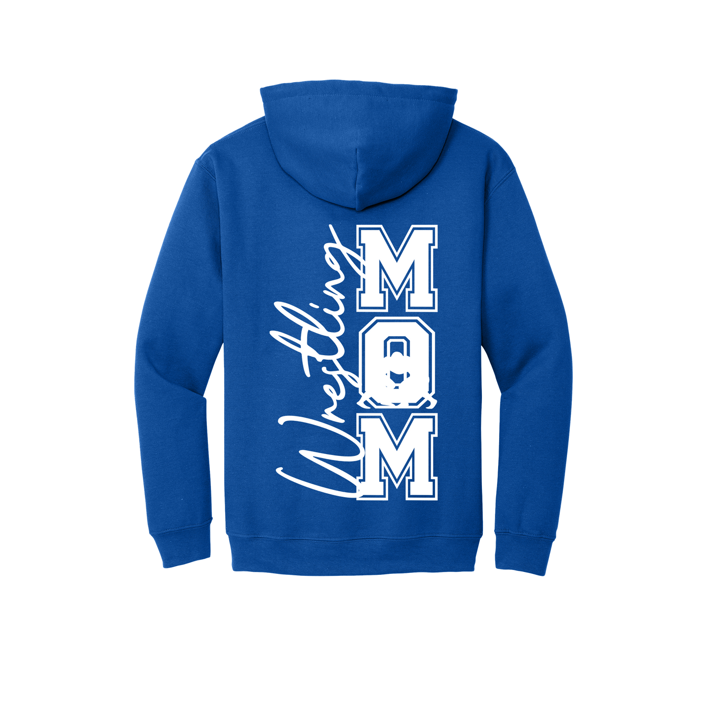 Wrestling Mom Front & Back design on a Royal Blue adult hoodie, back view.