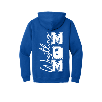 Wrestling Mom Front & Back design on a Royal Blue adult hoodie, back view.