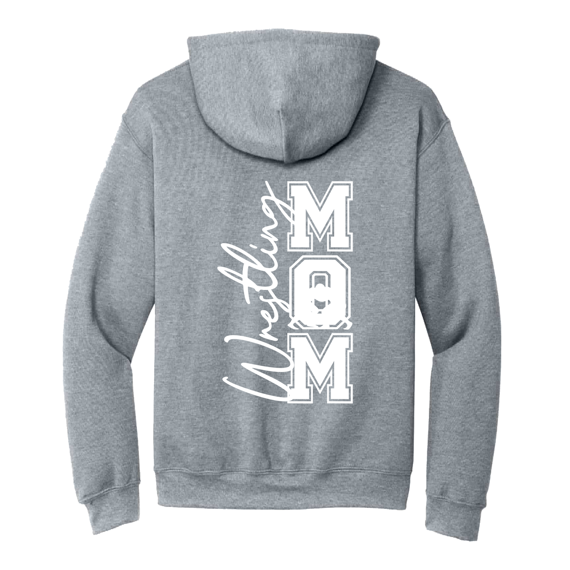Wrestling Mom Front & Back design on a Sport Gray adult hoodie, back view.