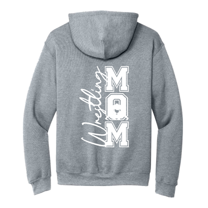 Wrestling Mom Front & Back design on a Sport Gray adult hoodie, back view.