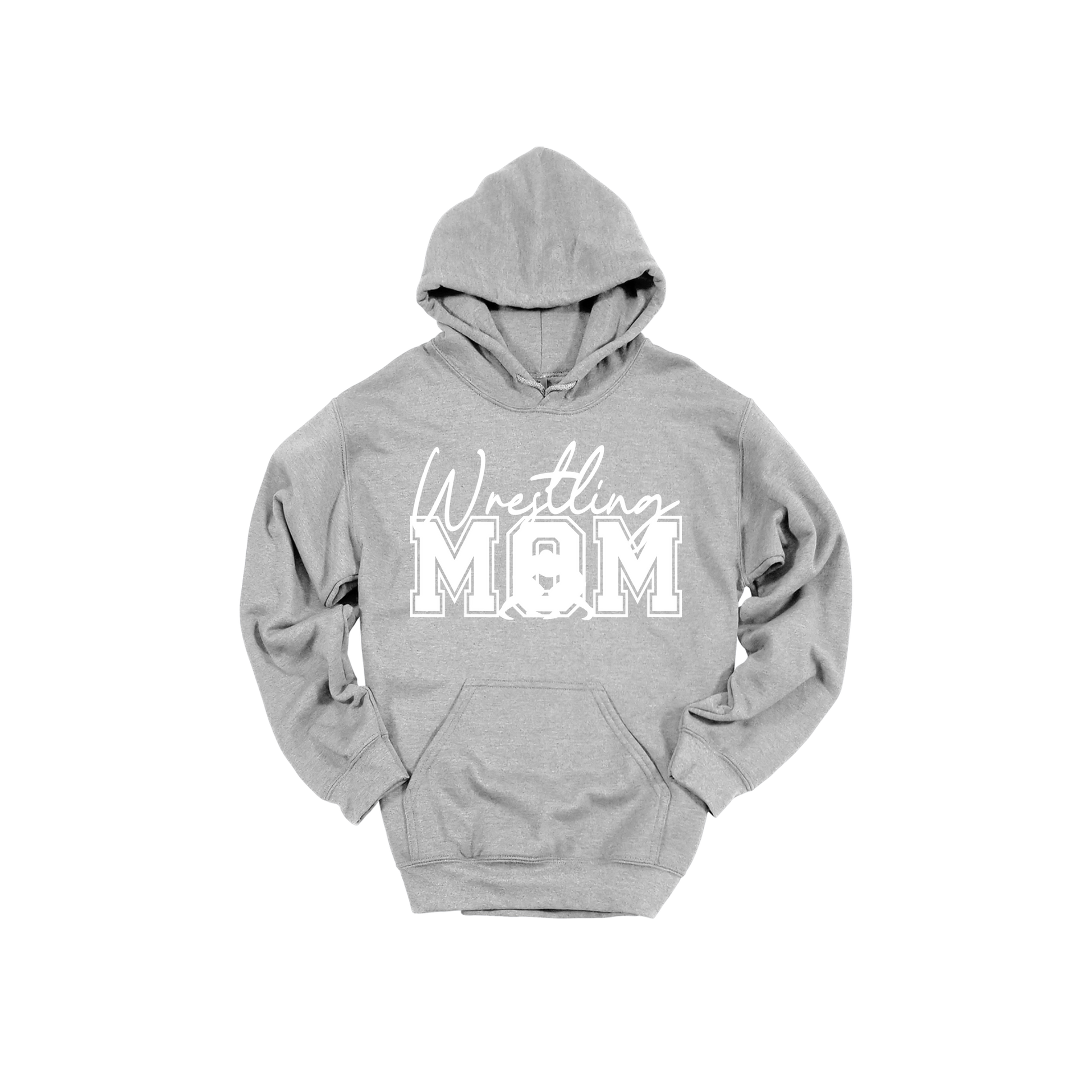 Wrestling Mom Front & Back design on a Sport Gray adult hoodie, front view.