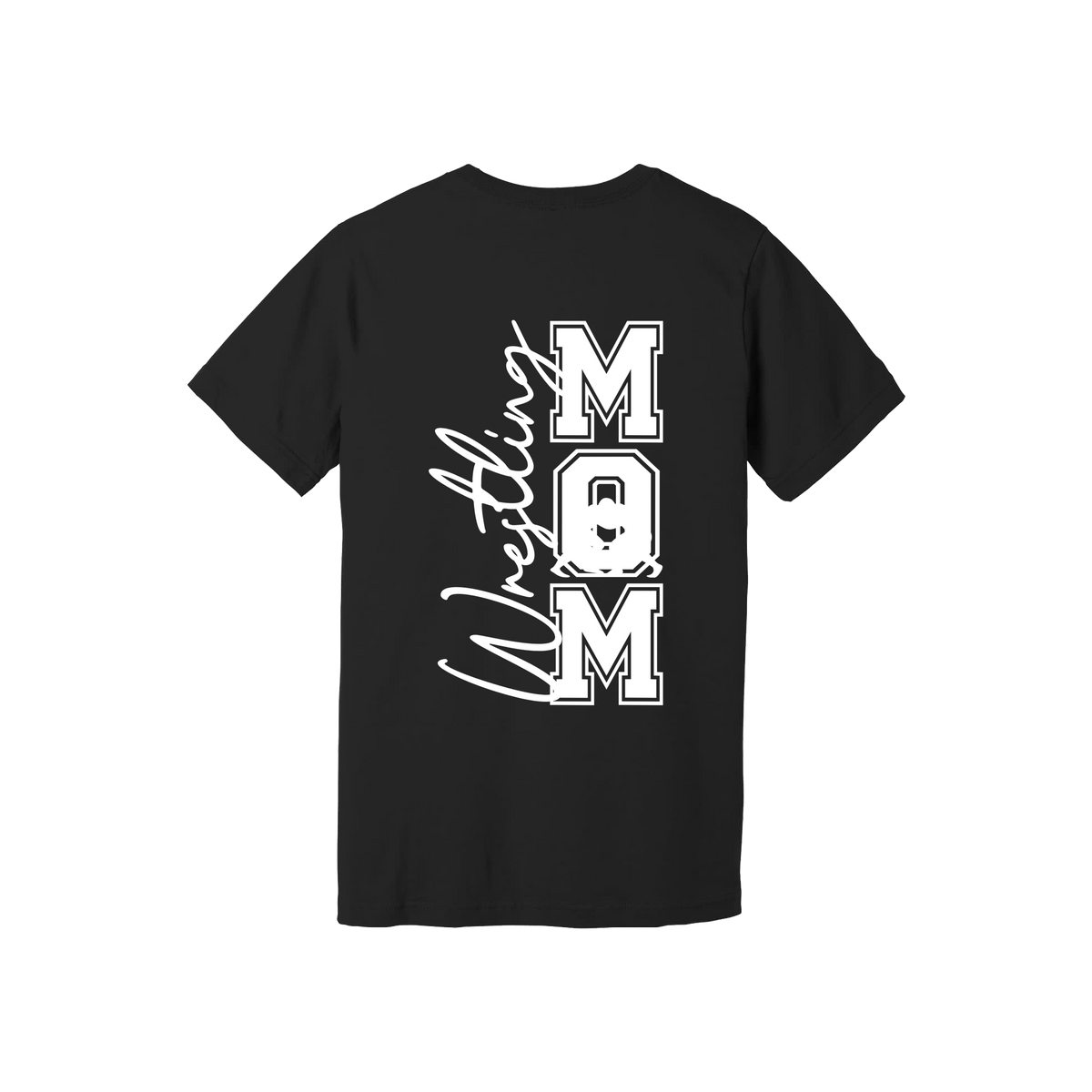 Wrestling Mom Front & Back design on a Black adult T-shirt, back view.