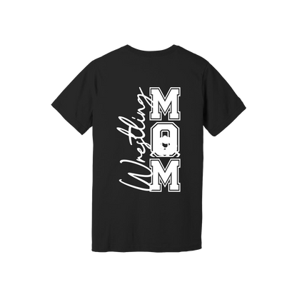 Wrestling Mom Front & Back design on a Black adult T-shirt, back view.