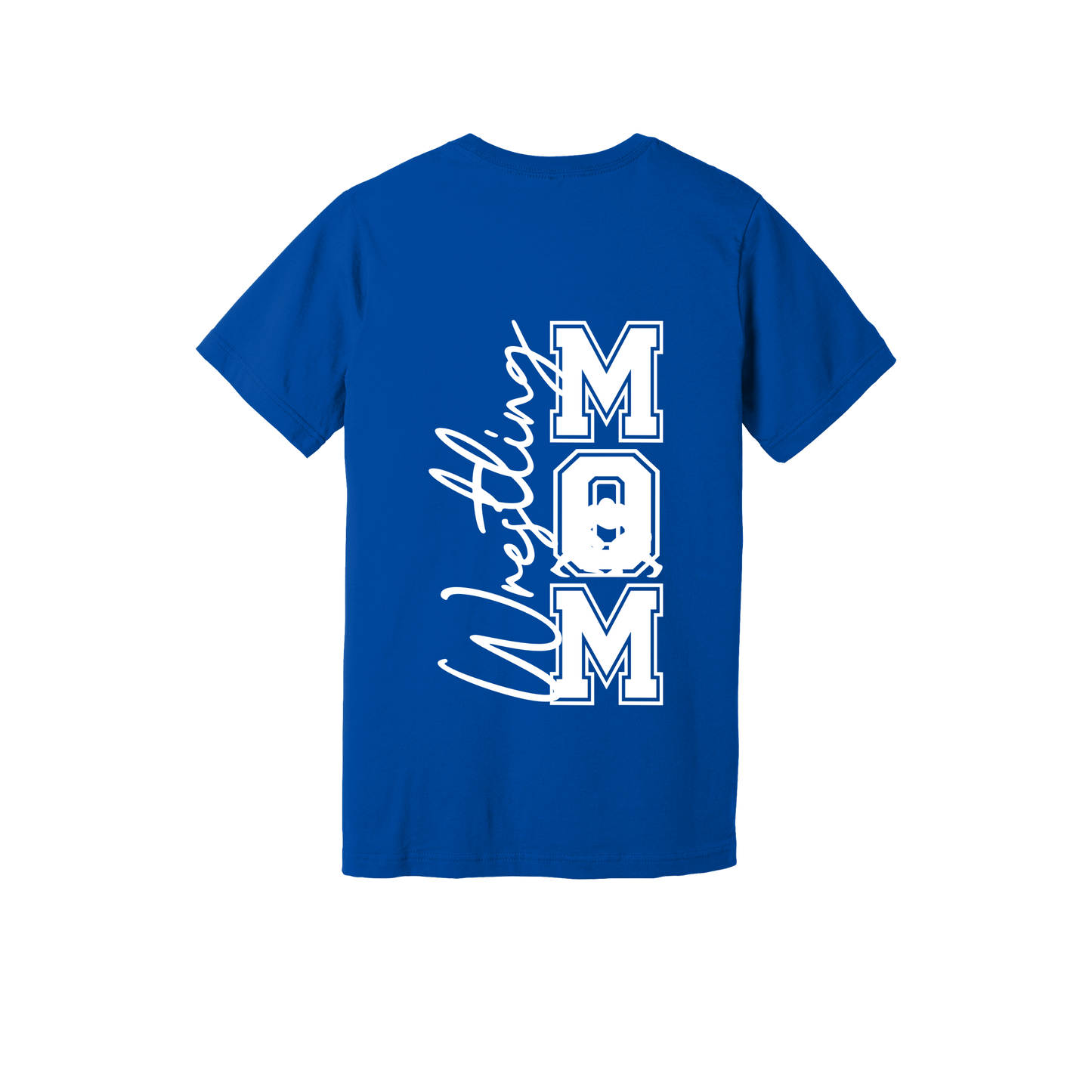 Wrestling Mom Front & Back design on a Royal Blue adult T-shirt, back view.