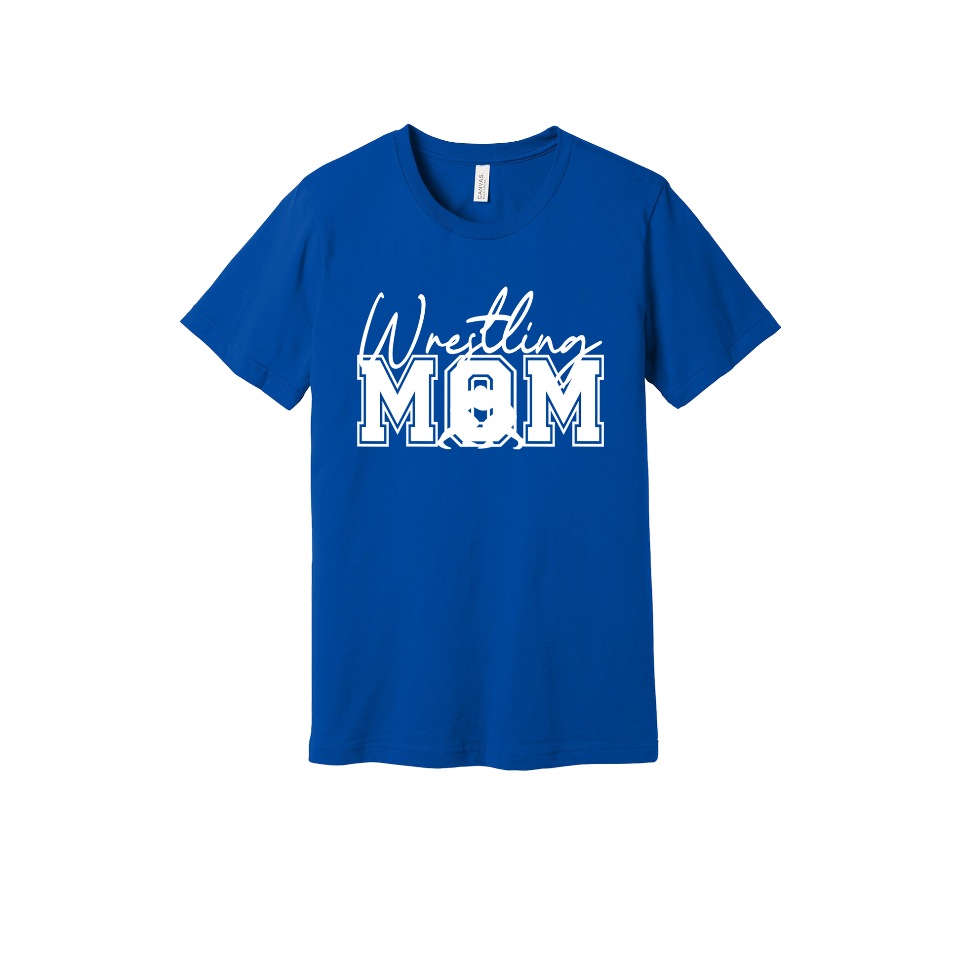 Wrestling Mom Front & Back design on a Royal Blue adult T-shirt, front view.