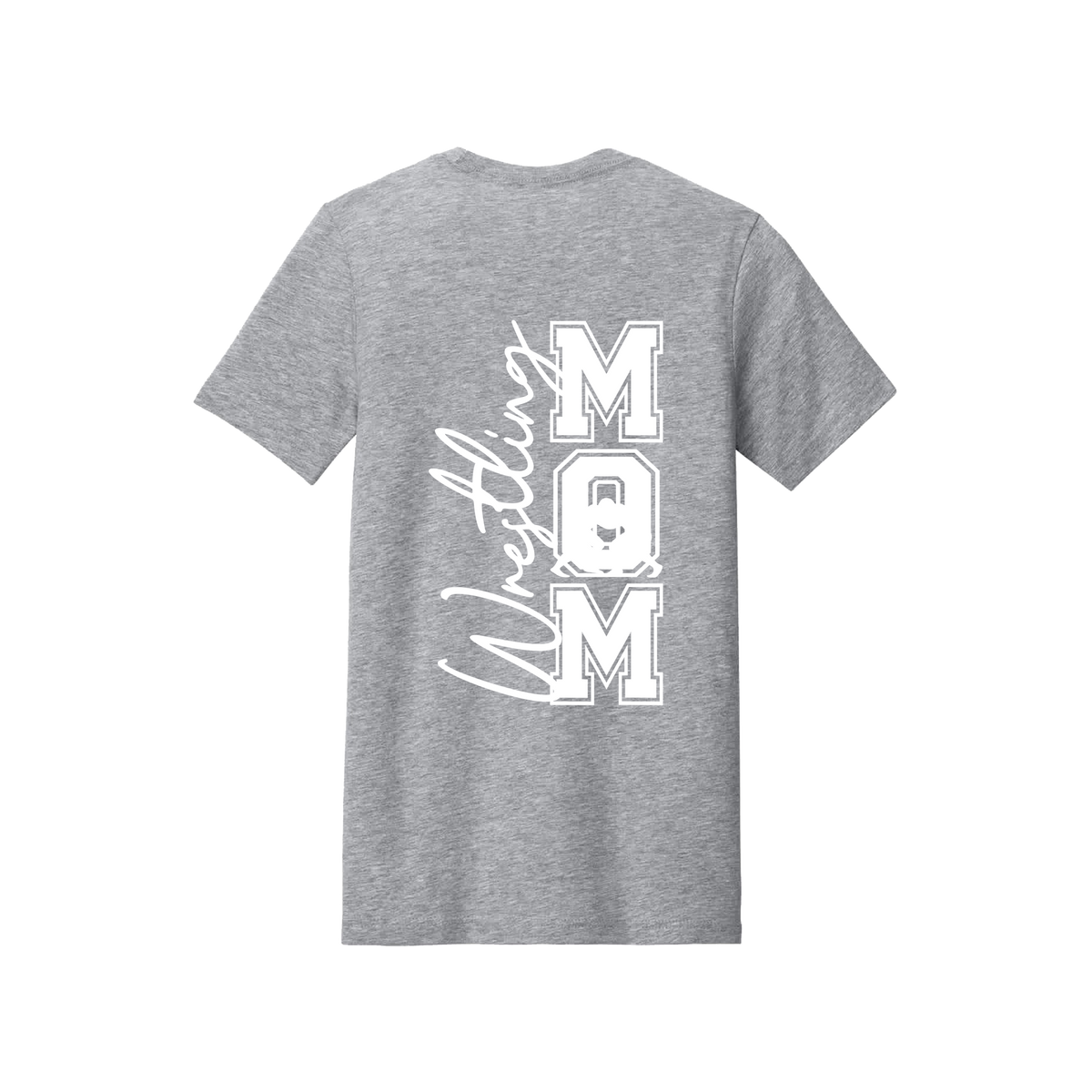 Wrestling Mom Front & Back design on a Heather Athletic Gray adult T-shirt, back view.