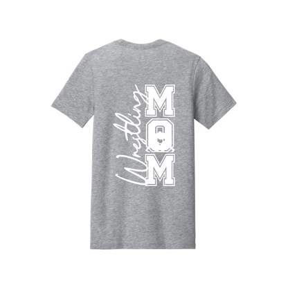 Wrestling Mom Front & Back design on a Heather Athletic Gray adult T-shirt, back view.