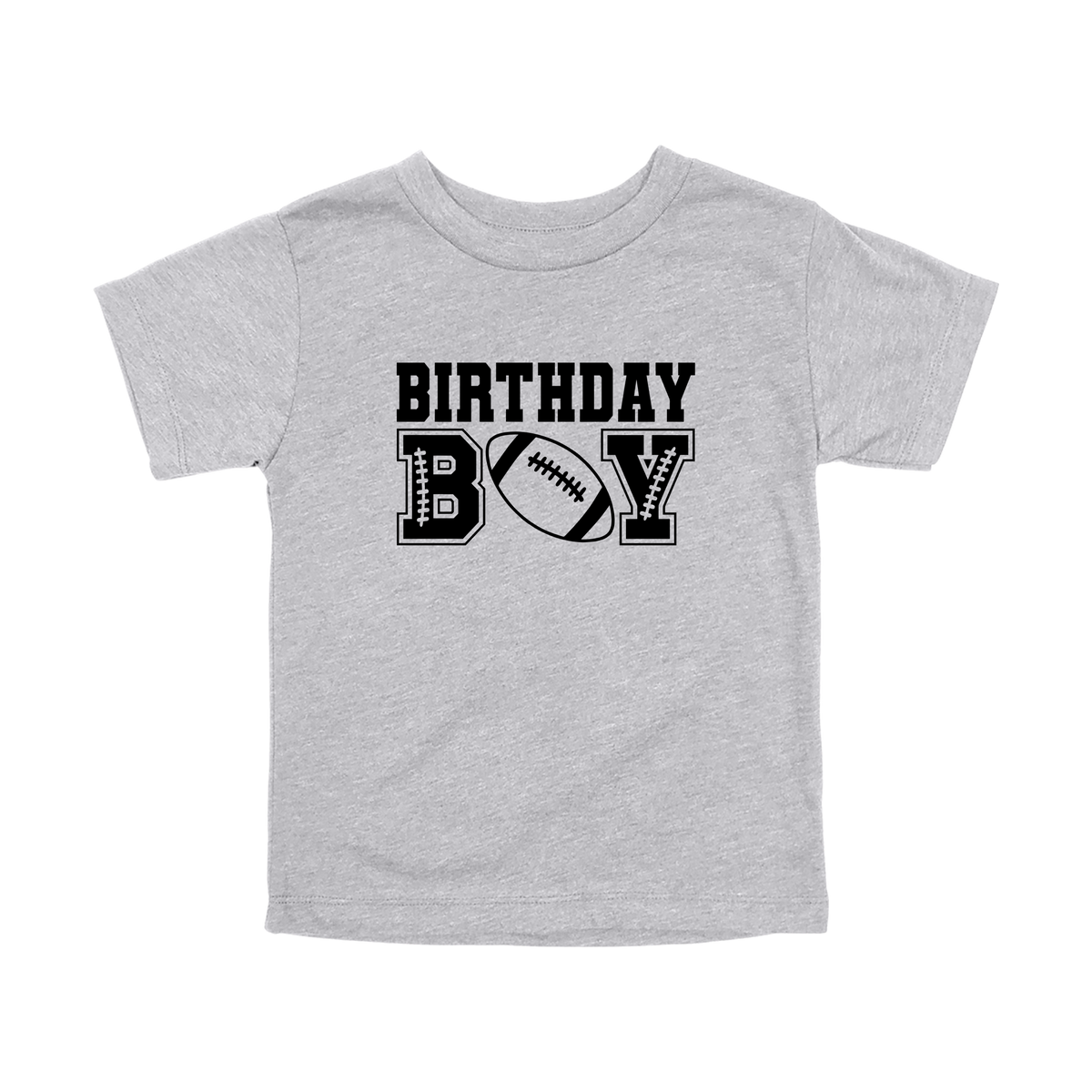Football Birthday Boy design on a Heather Athletic Gray toddler T-shirt, front view.