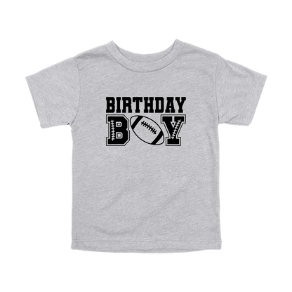 Football Birthday Boy design on a Heather Athletic Gray toddler T-shirt, front view.