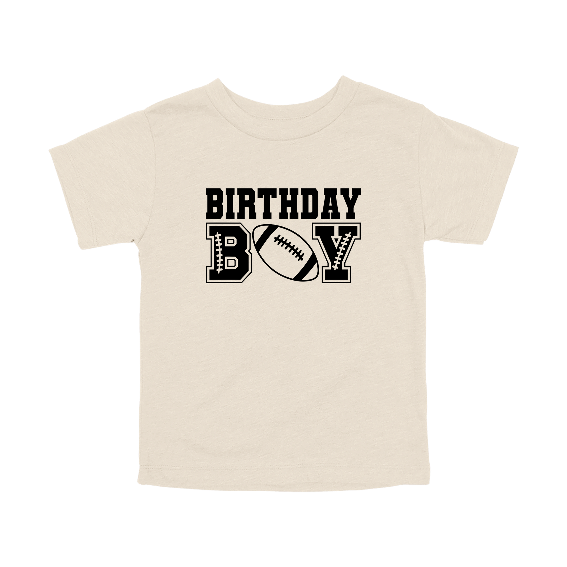 Football Birthday Boy design on a Natural toddler T-shirt, front view.