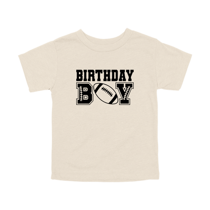 Football Birthday Boy design on a Natural toddler T-shirt, front view.