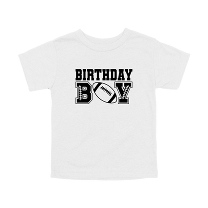 Football Birthday Boy design on a White toddler T-shirt, front view.