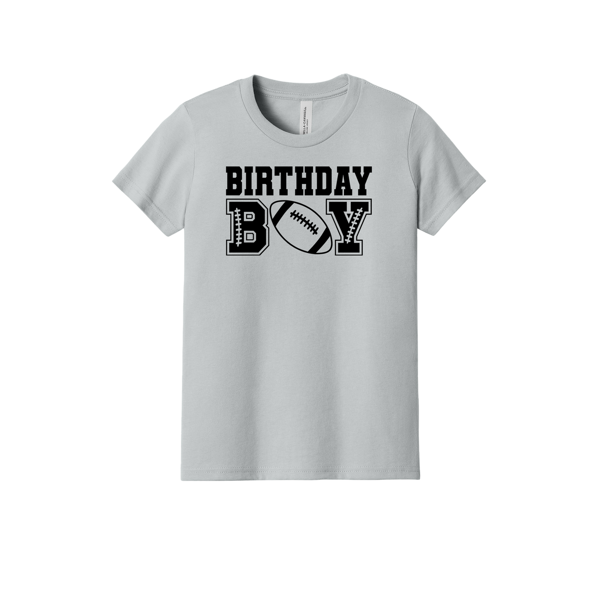 Football Birthday Boy design on a Heather Athletic Gray youth T-shirt, front view.