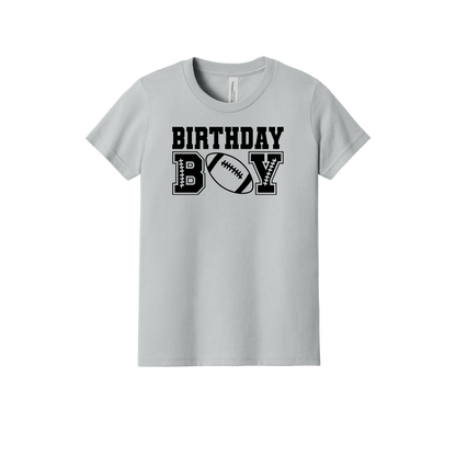 Football Birthday Boy design on a Heather Athletic Gray youth T-shirt, front view.