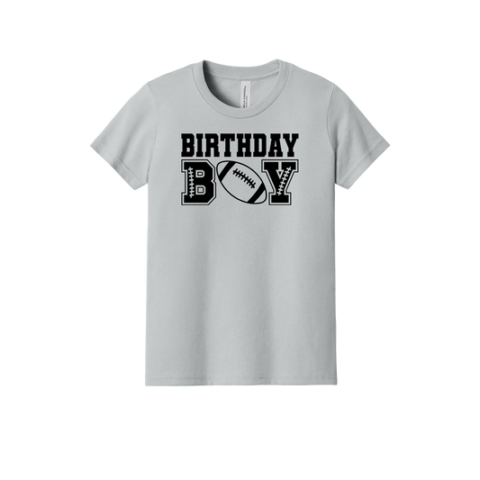 Football Birthday Boy design on a Heather Athletic Gray youth T-shirt, front view.