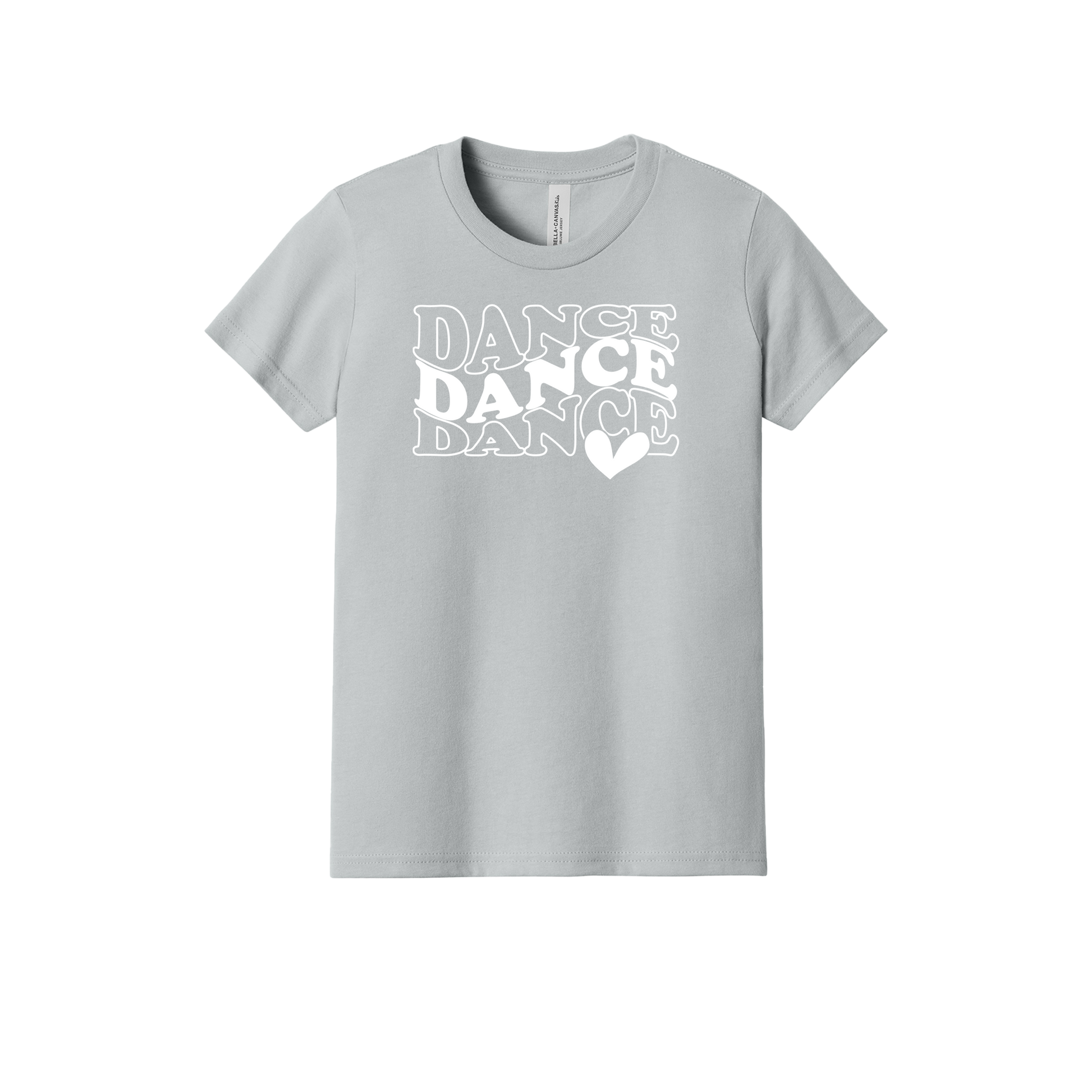 Dance design on a Heather Athletic Gray youth T-shirt, front view.