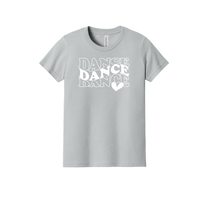 Dance design on a Heather Athletic Gray youth T-shirt, front view.