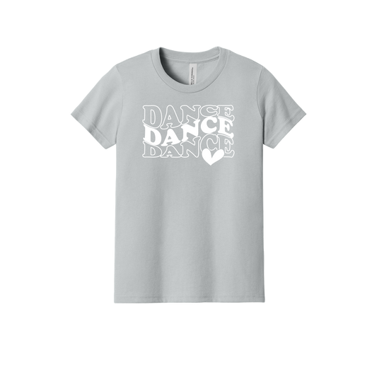 Dance design on a Heather Athletic Gray youth T-shirt, front view.