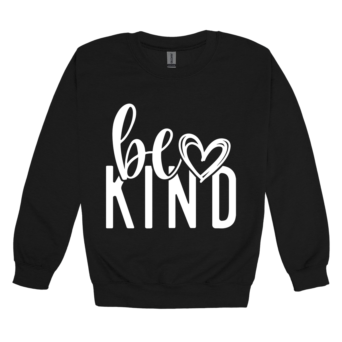 Be Kind Heart design on a Black adult crewneck sweatshirt, front view.