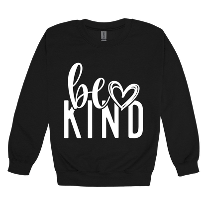 Be Kind Heart design on a Black adult crewneck sweatshirt, front view.