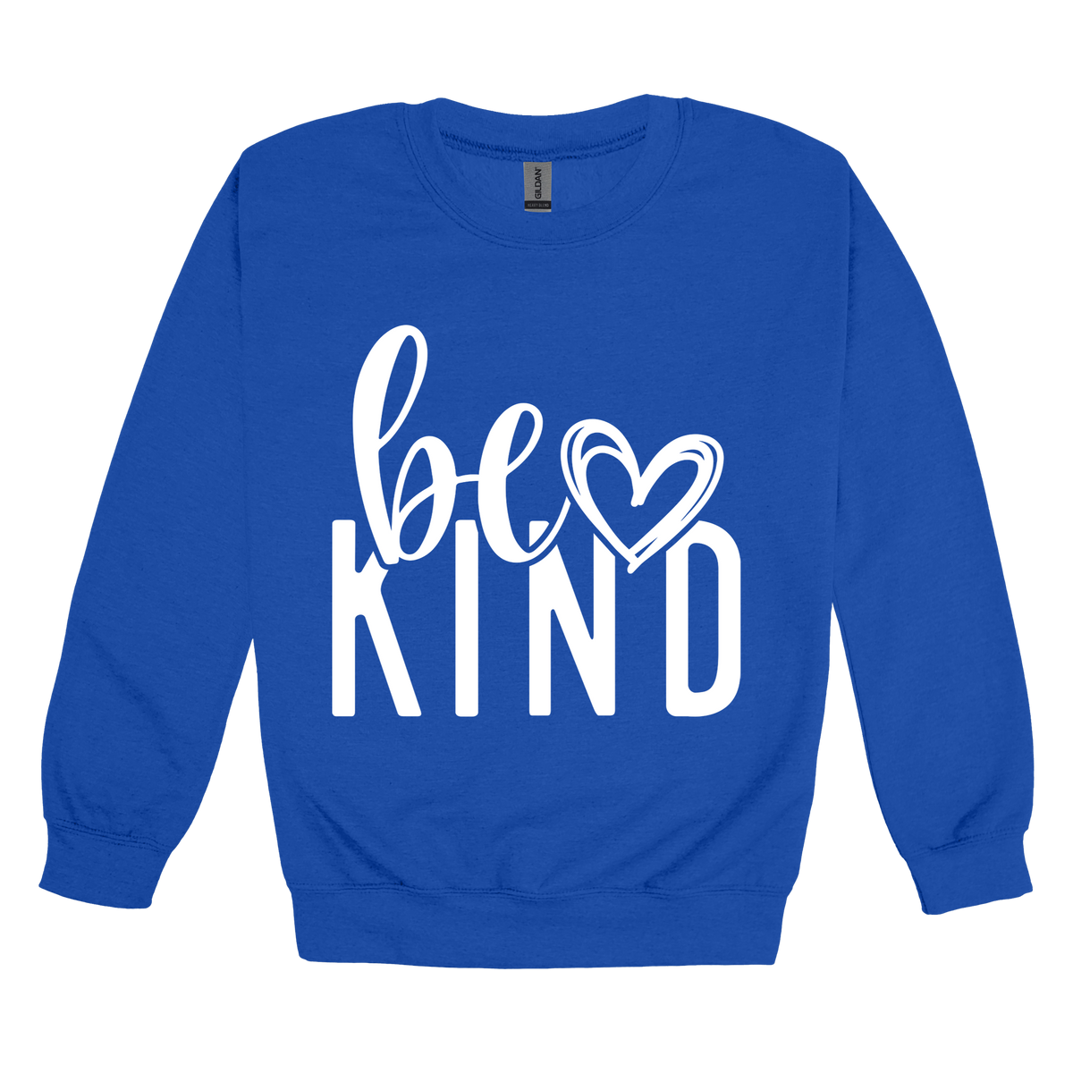 Be Kind Heart design on a Royal Blue adult crewneck sweatshirt, front view.