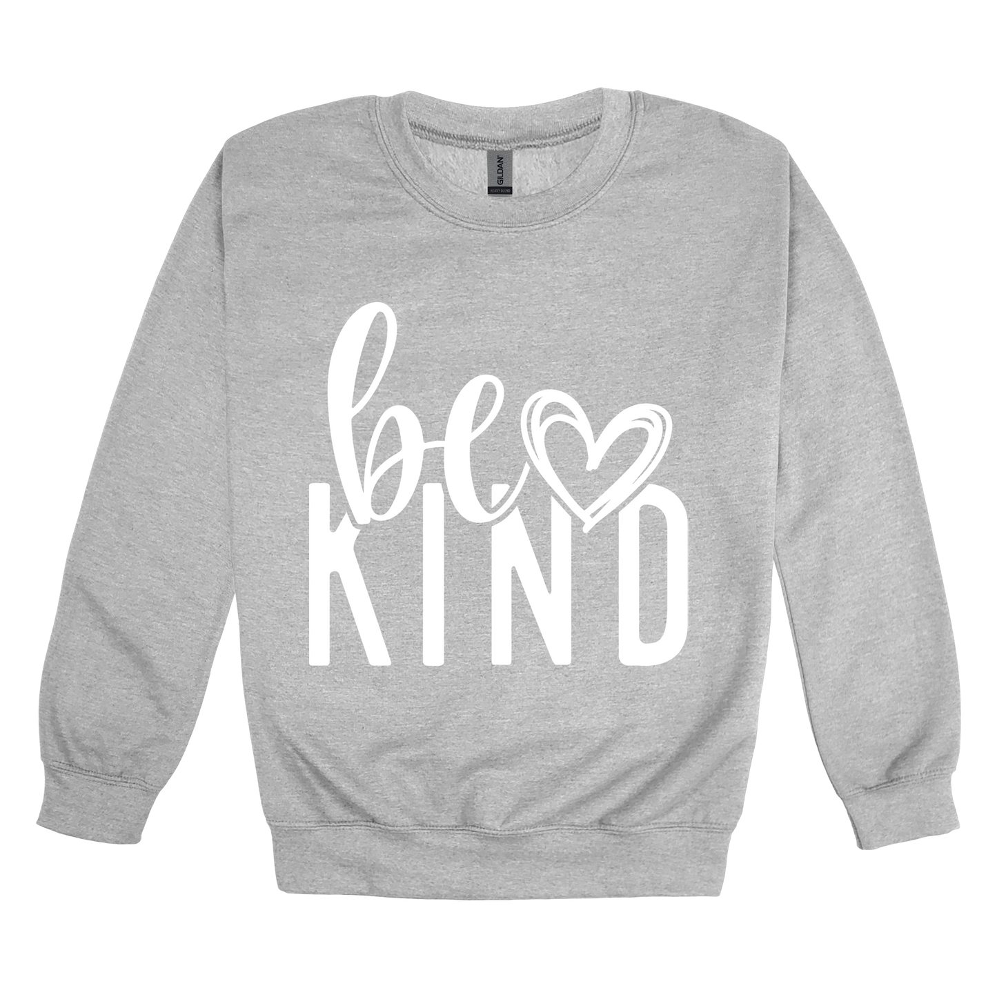Be Kind Heart design on a Sport Gray adult crewneck sweatshirt, front view.