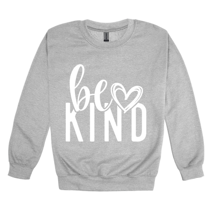 Be Kind Heart design on a Sport Gray adult crewneck sweatshirt, front view.