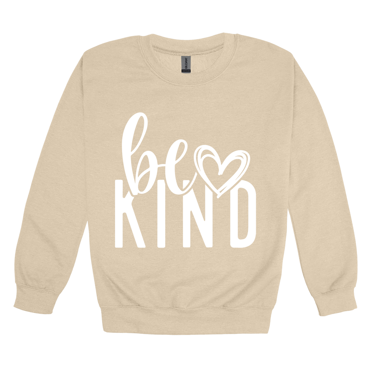 Be Kind Heart design on a Sand adult crewneck sweatshirt, front view.