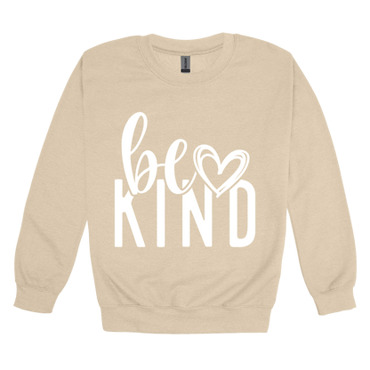 Be Kind Heart design on a Sand adult crewneck sweatshirt, front view.