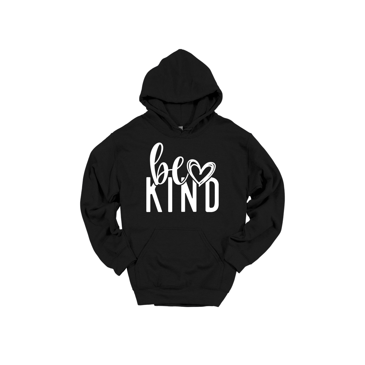 Be Kind Heart design on a Black adult hoodie, front view.