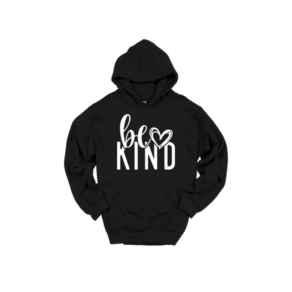 Be Kind Heart design on a Black adult hoodie, front view.