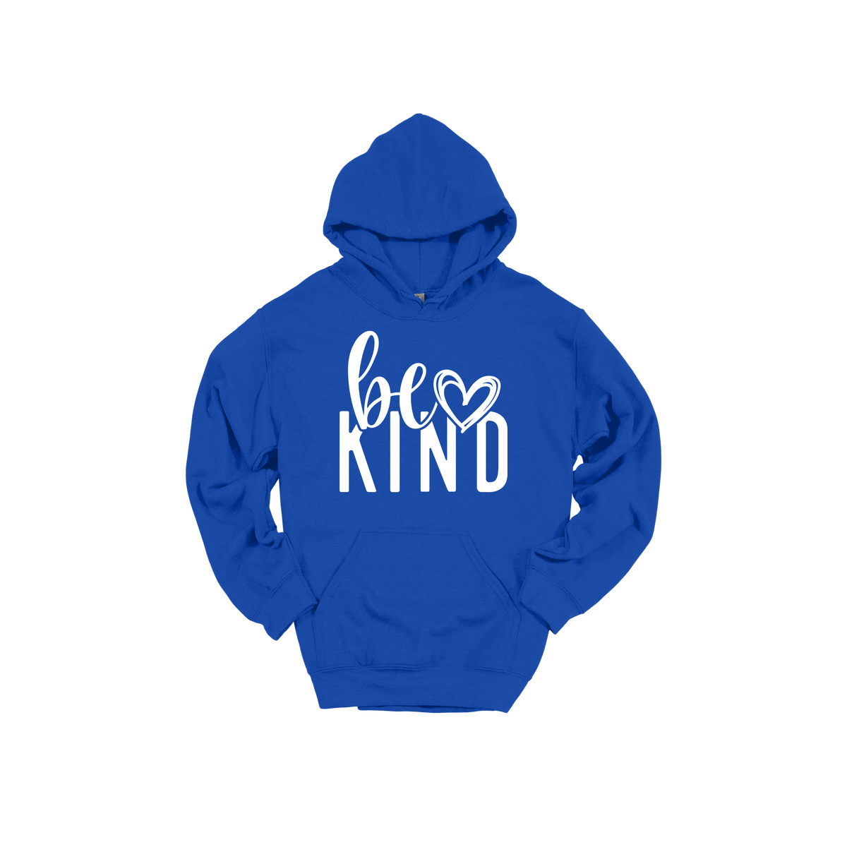 Be Kind Heart design on a Royal Blue adult hoodie, front view.