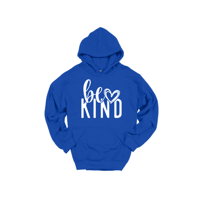 Be Kind Heart design on a Royal Blue adult hoodie, front view.